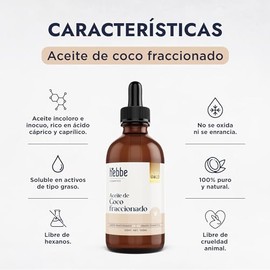 Hebbe | Aceite de Coco Fraccionado | Para uso en Mascarilla, Jabones, Cremas y Bloqueadores | Aceite de coco líquido para masajes corporales | 100 ml