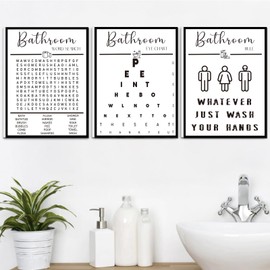 Framed Funny Bathroom Wall Art, Black and White Bathroom Wall Decor, Word Search Pee Eye Chart Wash Your Hand Bathroom Wall Decor (12x16 inches, Set of 3, Framed)