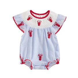 LYSINK Baby Girl Summer Romper Infant Fly Sleeve Lobster Embroidery Smocked Jumpsuit Onesie Newborn Summer Clothes (01Blue, 0-3 Months)