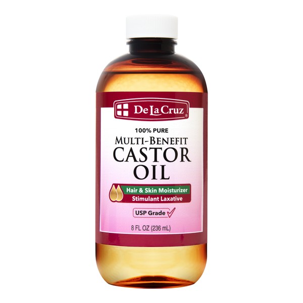 De La Cruz Pure Castor Oil, USP Grade, Bottled in USA, 8 FL OZ.    Exp July 2024