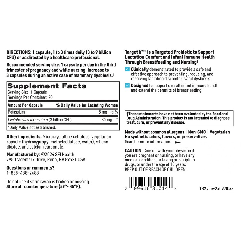 Klaire Labs SFI Health Ther-Biotic Target B2 Breastfeeding Supplement for