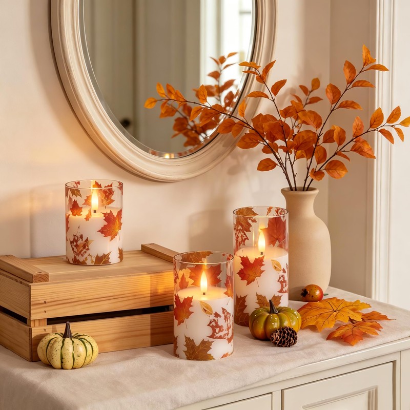 JOIONE Fall Flameless Glass Candles, 3 Pack Maple Leaf LED