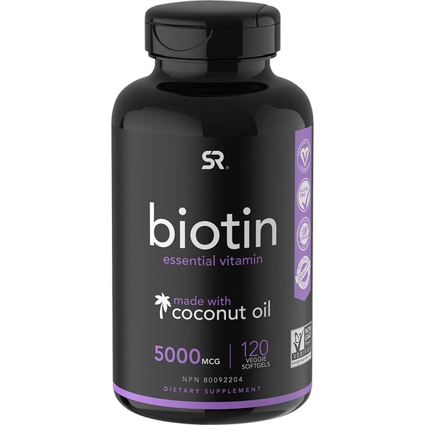 Biotin (5,000mcg) with Coconut Oil | Supports Healthy Hair, Skin & Nails in Biotin deficient Individuals | Non-GMO Verified & Vegan Certified (120 Veggie-Softgels)