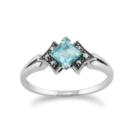 Gemondo 925 Sterling Silver Art Deco Topaz & Marcasite Ring