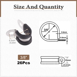 Wokape 26Pcs 3/8" 304 Stainless Steel Rubber Cushioned Cable Clamps, Hose Clamps Loop Clamps Pipe Clamps Metal Clamp Tube Holder Wire Cord Installation P Clamps Wire Clamp