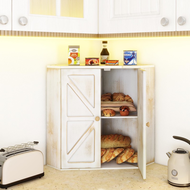 Trironsun Corner Bread Box for Kitchen Counter Double Layer Bamboo