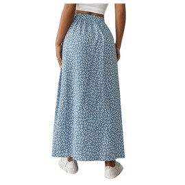 GORGLITTER Women's Petite Summer Skirt Floral Casual Skirt Long Summer Skirt with Slit Casual Skirt Holiday Skirt with Elastic Skirt, blue