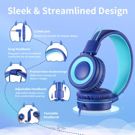 POWMEE P10 - Auriculares estéreo para niños con micrófono para niños y niñas, control de volumen ajustable de 85 dB/94 dB, auriculares plegables para escuela, PC/teléfono celular (azul)