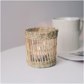 Natural Rattan Wicker Woven Tea Light Candle Holder, Decorative Hand Woven Votive Tealight Candle Holder, Rustic Vintage Seagrass Glass Hurricane for Dining Table Kitchen Decor Holiday