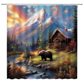 KTGHA Cabin Bear Shower Curtain Farmhouse Rustic Lodge Stream Stone Mountain Plants Hunting Wildlife Nature Scenery Polyester Fabric Bathroom Decor Set with Hooks(70" WX70 H)