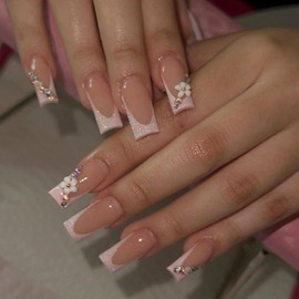 Medium Long Press on Nails Pink French Tip Fake Nails with Square Designs, White Flowers & Rhinestones Acrylic False Nails Nude Translucent Nails Press ons Cute Spring Stick on Nails for Women 24 Pcs