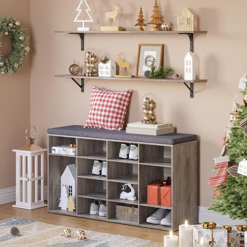 DINZI LVJ Shoe Storage Bench with Cushion, 16-Cubby Shoe Rack,