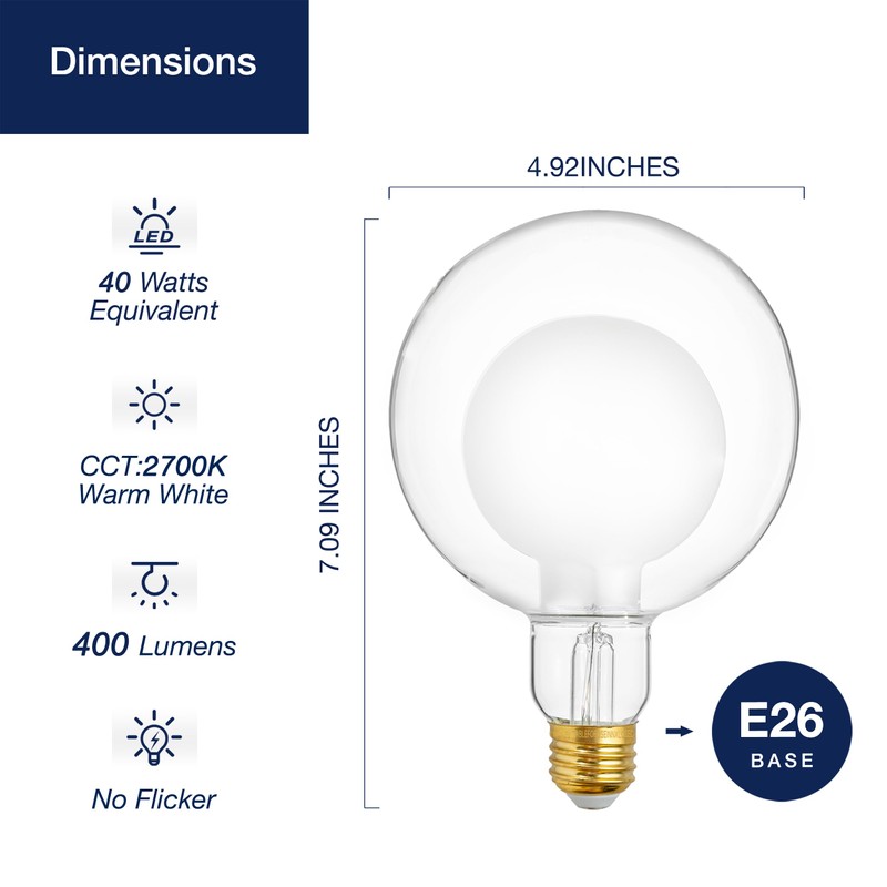 FLSNT Globe LED Large Edison Bulbs, 2700K Soft White, Dimmable,