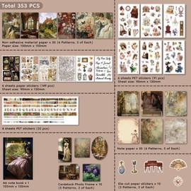 353 Pcs Vintage Scrapbooking Kit – Pocket Aesthetic Junk Journal Supplies with Scrapbook Paper, PET Stickers, Paper Frames & A6 Notebook – DIY Journal Kit for Teen Girls & Adults (Classic Lady)