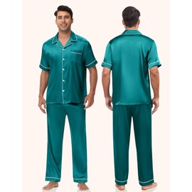 YOPUGEE Men Satin Silk Pajamas Set 2 Piece Button Down Sleepwear Set Long Pants Loungewear with Pockets Green M