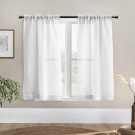 SHINELAND Cortinas cortas para ventana pequeña de recámara, cortinas transparentes de lino para cocina, baño, oficina, 42 pulgadas de largo, color blanco