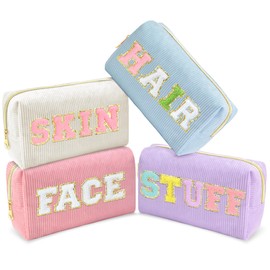 DTBG 4Pcs Preppy Travel Makeup Bag Set, Corduroy Cosmetic Bag Preppy Stuff Bag for Cute Teen Girls, Toiletry Bags for Traveling Accessories Skincare Bag Cute Cosmetic Bag Travel Essentials Pouch