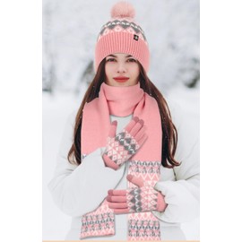 Wander Agio Womens Winter Hat Scarf Glove Set for Women Alpaca Wool Beanie Hats Scarves and Gloves 3-Sets Diamond Plaid Pink 2