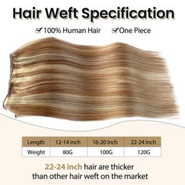 Weft Hair Extensions Human Hair, 12/613 Golden Brown to Bleach Blonde Highlights Sew in Hair Extensions Real Human Hair Weft 20 Inch 100G Hand Tied Weft Remy Hair Wefts Human Hair Sew in Extensions