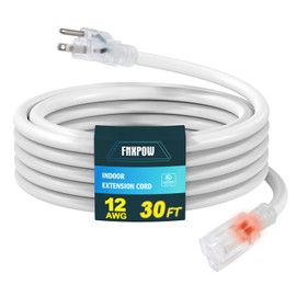 FNXPOW Indoor Outdoor Extension Cord, 12 Gauge 3 Prong Weatherproof Heavy Duty White Extension Cord with Lighted Indicator End, SJTW 15A 30FT Extension Cable for Garage, Garden and Home, UL Listed