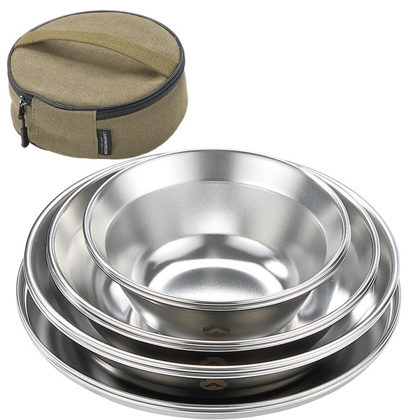 CAMPING MOON S395-2S Tableware, Camping Plate, Stainless Steel Tableware Set, 8 Pieces, with Canvas Case