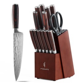 ifomaps 15-Piece Knife Set with Block for Kitchen, with Built-In Sharpener, Stainless Steel Ultra Sharp Blades, Ergonomic Pakkawood Handle, Essentials Chef Knives Set