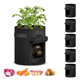 iPower 7 Gallon 5 Pack Potato Grow Bags with Flap and Harvest Window, Garden Planting Pot with Durable Handle, Thickened Nonwoven Fabric Container for Tomato, Carrot, Vegetable and Fruits