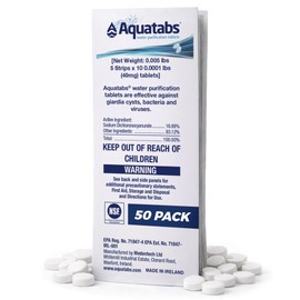 Aquatabs 49mg Water Purification Tablets (50 Pack). Water Filtration System for Hiking, Backpacking, Camping, Emergencies, Survival, and Home-Use. Easy to Use Treatment and Disinfection.