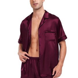 SWOMOG Men Silk Satin Pyjamas Sets Short Sleeve Sleepwear Button-Down PJs Sets Two-Pieces Loungewear with Pockets