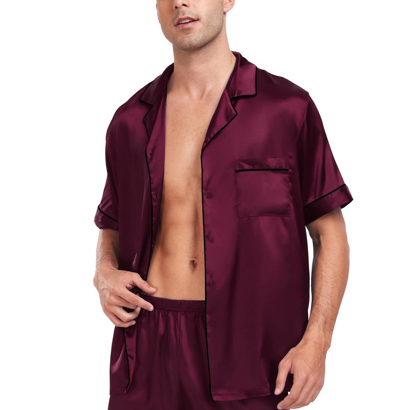 SWOMOG Men Silk Satin Pyjamas Sets Short Sleeve Sleepwear Button-Down
