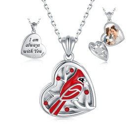 Locket Necklace for Women - Sterling Silver Oval Turquoise Flower Lockets Pendant that Holds Pictures Vintage Jewelry Memorial Gifts for Women (Cardinal)