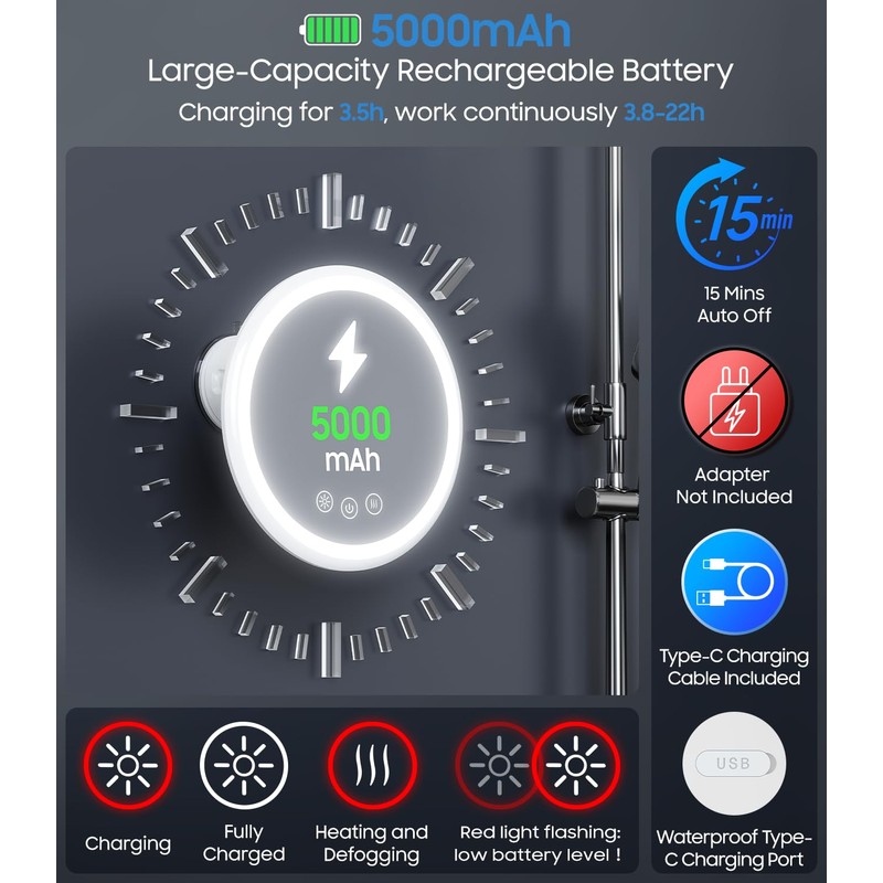 Gospire Upgraded Heated Shower Mirror Fogless for Shaving, 5000mAh Battery