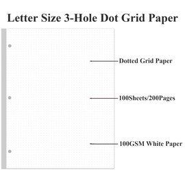 3-Hole Dotted Paper Refills, Letter Size 100Sheets / 200Pages Loose-Leaf Paper, 100gsm, White, 8.5'' x 11''