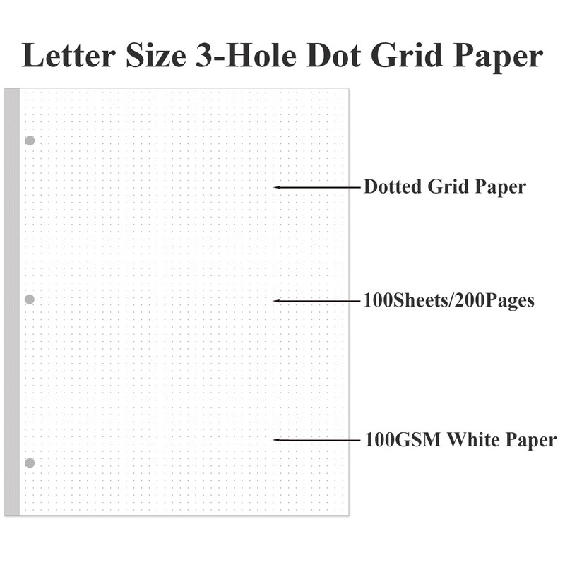 3-Hole Dotted Paper Refills, Letter Size 100Sheets / 200Pages Loose-Leaf