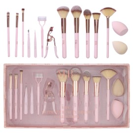 Expressions 14pc Ultimate Beauty Brush Collection -Full Makeup Brush, Eyelash Curler, Tweezer and Sponge Set for Flawless Results | Professional Cosmetic Brushes (ROSE GOLD)