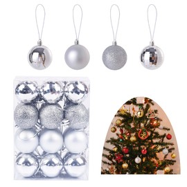 Alppihym 24 Pieces per Box Christmas Baubles 4 cm - Christmas Decoration Plastic, Red, Silver, Gold Christmas Tree Decorations for Christmas Tree - 4 Different Christmas Bauble Styles per Box (Silver)