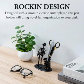 MyGift Modern Matte Black Metal Pen Pencil Cup with Nuts and Bolts Stick Figure Guitar Rocker Design, Decorative Rock and Roll Office Supply Organizer Desk Pencil Holder