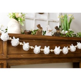 Decoraciones de guirnalda de Pascua: bonita guirnalda de Pascua de conejo blanco con cuentas de madera, pancarta rústica de conejo para decoración de Pascua para repisa, chimenea, granja,