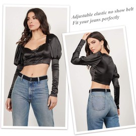 4 Pack Women Elastic Stretch Belt Invisible No Show Waist Belt with Flat Buckle, Black+Coffee+Blue+Khaki,Fit US Size 0-16