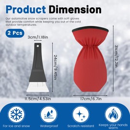 Huakaile 2 Pieces Ice Scraper with Glove, Windshield Scraper & Thickened Fleece Mitt, Waterproof Snow Remover Mitten for Cars Window Frost Truck Auto (Red)