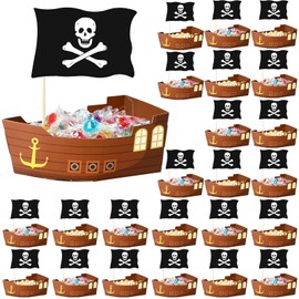 Jingmore 24 Pcs Pirate Theme Party Decorations Set Disposable Paper Food Serving Tray Boats Tray with Bamboo Sticks for Concession Food Carnivals Tropical Aloha Halloween Party Supplies