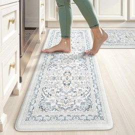 KIMODE Kitchen Floor Mats Cushioned Anti Fatigue,Boho Vintage Floral Rugs Sets of 2,Ergonomic Memory Foam Carpet Non Slip, Comfort Runner for Sink Laundry Office,Light Blue 17"x29.5"+17" x47”