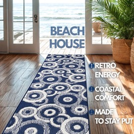 Coastal Runner Rug Non Slip | Retro Modern | Beach House Blue | Custom Cut Length 2'3" x 8' (Runner) | Machine Washable | REMNAZ
