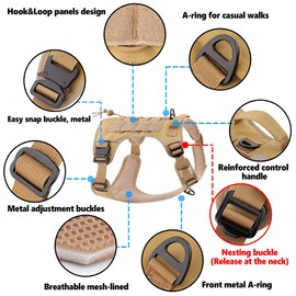 Plutus Pet Tactical Dog Harness, All Metal Buckles, No Pull Service Dog Vest with Handle, Adjustable Military Dog Harness with Hook & Loop Panels, for Small Medium Large Dogs, Khaki, S
