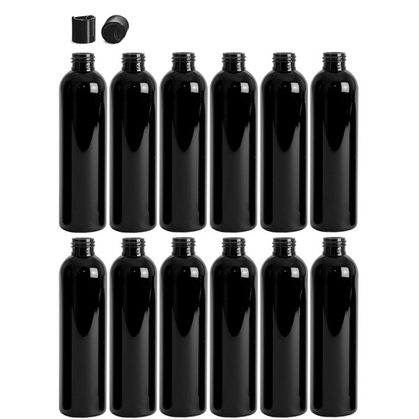 Premium Essential Oil 8 Ounce Cosmo Round Bottles, PET Plastic Empty Refillable BPA-Free, with Black Press Down Disc Caps (Pack of 12) (Black)
