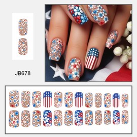Independence Day Press on Nails Medium Fake Nails with Numerous Flower designs Stick on Nails Matte Full Cover Square False Nails 4th of July Acrylic Nails Artificial Nails for Women Nail Decor 24Pcs