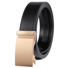 Drowsmen Belt men,leather ratchet belt 1 3/8" with Click Sliding Automatic Buckle, Adjustable belt Trim to Fit (Gold buckle black belt, 32"-38" Waist Adjustable)