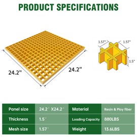 2'x2' Fiberglass Molded Grating - 1.5''x1.5''x1.5'' Fiberglass Bar Grille Plate, Heavy Duty FRP Industrial Square Grate Panel for Car Wash, Decks, Stairs, and Garage