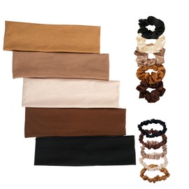 FHUIEWRY 10Pcs Satin Hair Scrunchie Sets and 5 Colors Headbands for Women Fashion Non Slip, Soft Fabric Head Bands and Elastic Hair Ties for Women Girls Hair Accessories Decorations