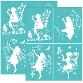 OLYCRAFT 2 Pcs Fairy Self-Adhesive Silk Screen Printing Stencil Mushrooms Butterfly Moon Mesh Transfer Reusable Silk Screen Stencil for Painting on Wood T-Shirt Fabric 11x8.6 inch